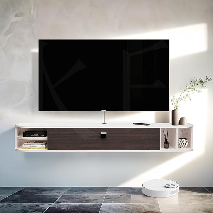 Pmnianhua Modern Wall Mounted TV Console with Storage - 70'' Under TV Shelf, Floating Entertainment Center for Bedroom & Living Room (Gray-White)