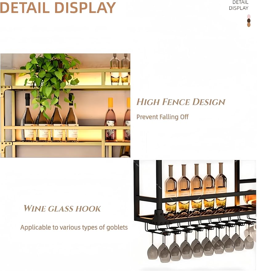 Metal Wall-Mounted Wine Rack with LED Light - 3 Tier Wine Storage Display Rack with Glass Holder - Space-Saving Bottle Display Shelf for Home Bars, Dining Rooms(Gold, 71in/180cm)