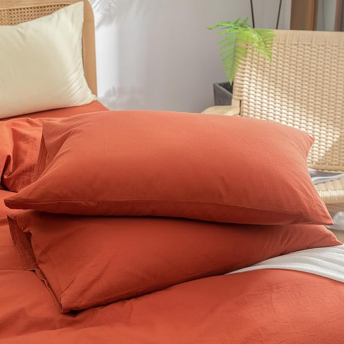 BESTOUCH Duvet Cover Set 100% Washed Cotton Linen Feel Super Soft Comfortable Chic Lightweight 3 PCs Home Bedding Set Solid Burnt Brick Red Cal King