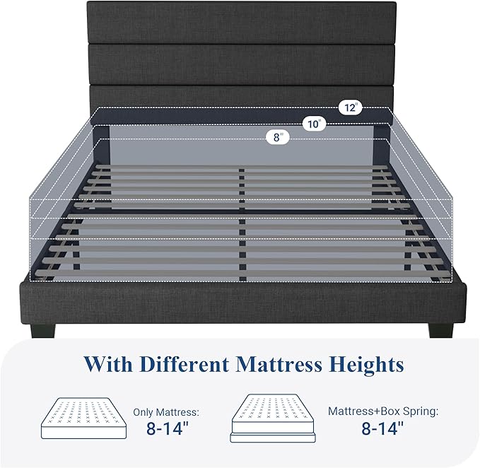 Allewie Queen Size Platform Bed Frame with Fabric Upholstered Headboard and Wooden Slats Support, Fully Upholstered Mattress Foundation/No Box Spring Needed/Easy Assembly, Dark Grey