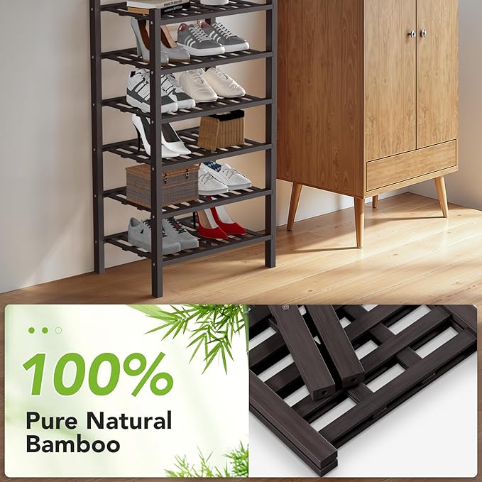 Haddockway small 6 Tier Bamboo Shoe Rack Storage Organizer, Multifunctional Free Standing Stackable Shoe Shelf with Grid Panel for Closet,Hallway,Entryway,Small Space 18"x11"x34"(Brown, 6-Tier(Small))