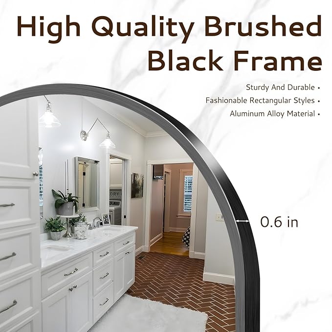 24 Inch Black Round Wall Mirror, Circle Bathroom Mirror with Brushed Metal Frame, Anti-Rust Tempered Glass Vanity Mirror for Bedroom, Entryway, Living Room Farmhouse Decor
