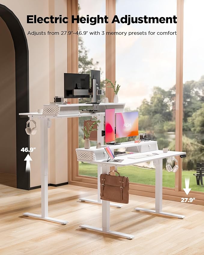 55x24 Inch Standing Desk with Double Drawers, C-Clamp Mount Compatible, Electric Adjustable Height Computer Stand Up Desks, Home Office Sit Stand Table with 3 Preset Heights & 2 Hooks, White
