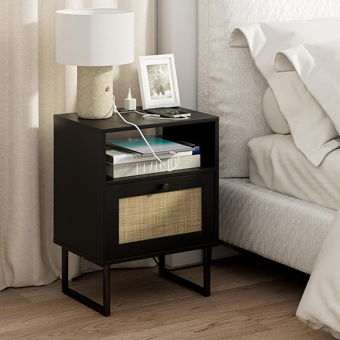 Masupu Extra Large Rattan Nightstand,Boho Night Stand Modern Farmhouse Wood Bedside Table with Storage Drawer and Open Shelf,Side End Table for Bedroom,Living Room,Black