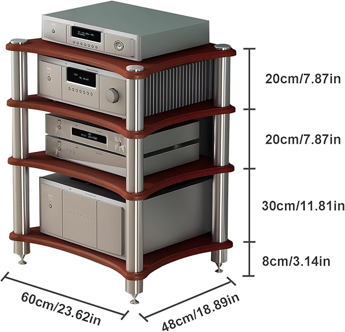 4-Tier AV Media Stand, Stereo Racks and Stands, Video Component Cabinet Audio Rack Tower for DVD Player Game Console TV Box WiFi Routert (Dark Wood, 4-Tier)