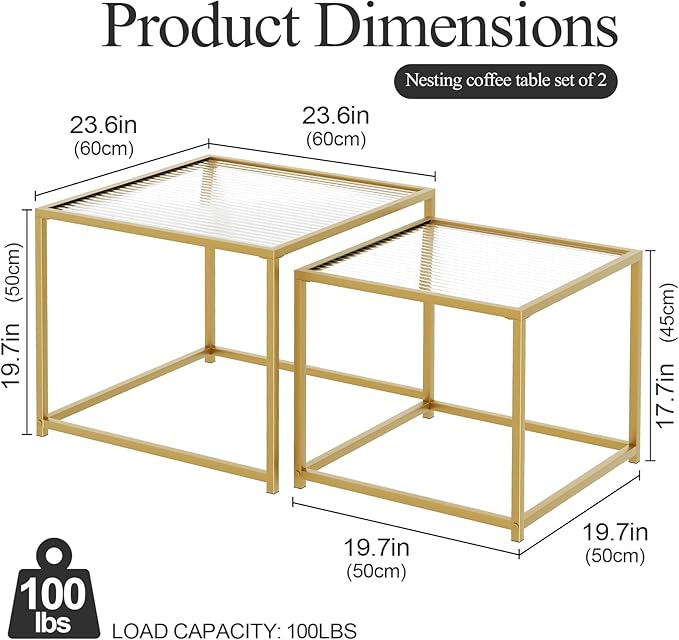 Garden 4 you Coffee Table Set of 2, Modern Patterned Glass Nesting Table, Metal Frame Square Center Table Set, Side Tables, Nesting Coffee Table for Living Room, Bedroom and Small Spaces, 23.6in Gold