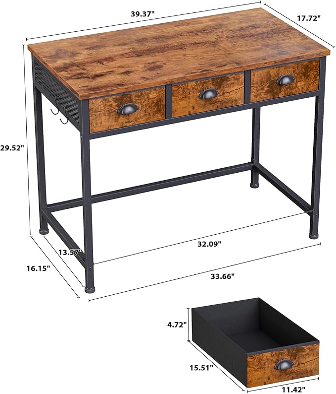 Furologee Small Computer Desk with 3 Fabric Drawers, 40 Inch Simple Home Office Desk, Writing Desk with Hooks, Study Table for Working Small Spaces, Makeup Desk for Bedroom, Rustic Brown