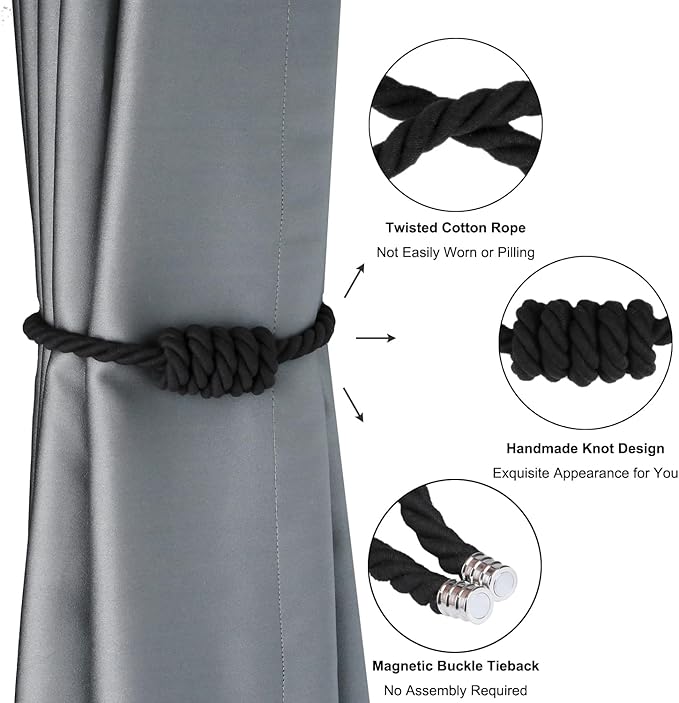 BEL AVENIR Magnetic Cotton Curtain Tiebacks, Decorative Drapery Holdbacks Modern Woven Tie-Backs with Exquisite Knot (Black Cotton, 6 Pack)
