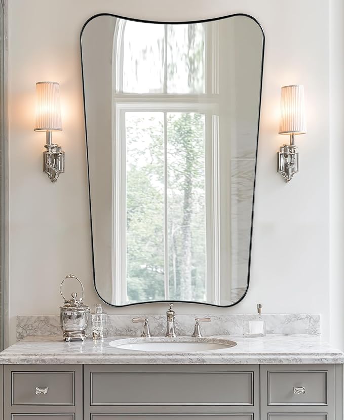 ANDY STAR 26x38 Inch Bathroom Mirror, Brushed Nickel Asymmetrical Mirror, Large Decorative Mirror, Modern Bathroom Mirror with Sophisticated Design, Wall Mount Vertically Only