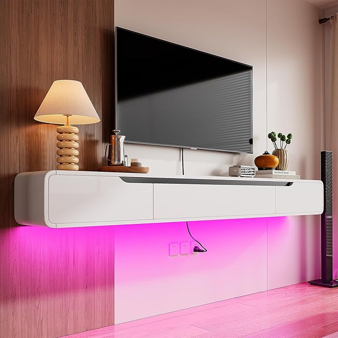 Fully-Assembled Floating TV Stand with Drawers, 94IN High Gloss Wall Mounted Entertainment Center, Modern Media Console with Storage, Under TV Shelf for Bedroom Living Room White