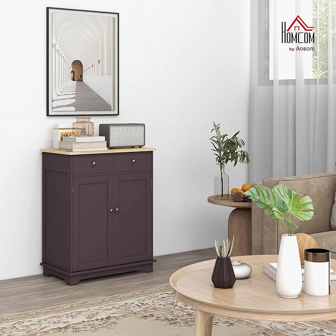 HOMCOM Sideboard with Solid Wood Countertop, Modern Kitchen Storage Cabinet, Coffee Bar Cabinet with 2 Drawers, Doors and Adjustable Shelf, Coffee
