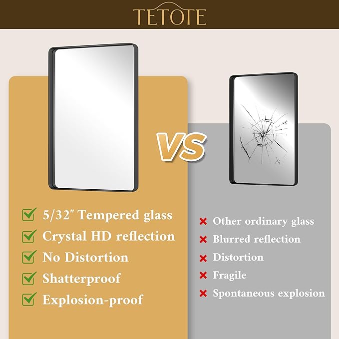 TETOTE Black Frame Mirror 55 x 30 Metal Framed Bathroom Vanity Mirrors, Tempered Glass, Modern Farmhouse Wall Mounted Mirror for Decorative(Horizontal/Vertical)