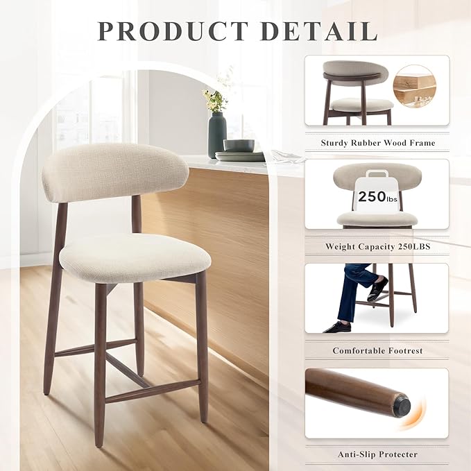 COLAMY Counter Height Bar Stools Set of 3, Kitchen Bar Stools with Back, Mid Century Modern Upholstered, with Wood Legs for Kitchen Island Dining Room, Beige