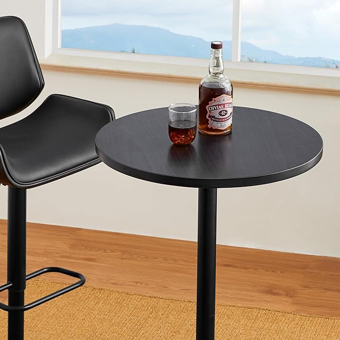 Glitzhome 39.5" H Round Bar Table Pub Table, Wood Top with Metal Leg and Base, Charcoal Gray Walnut Veneer Finish Bar Height Cocktail Table for Kitchen Island,Bistro,Restaurant (Charcoal Gray)