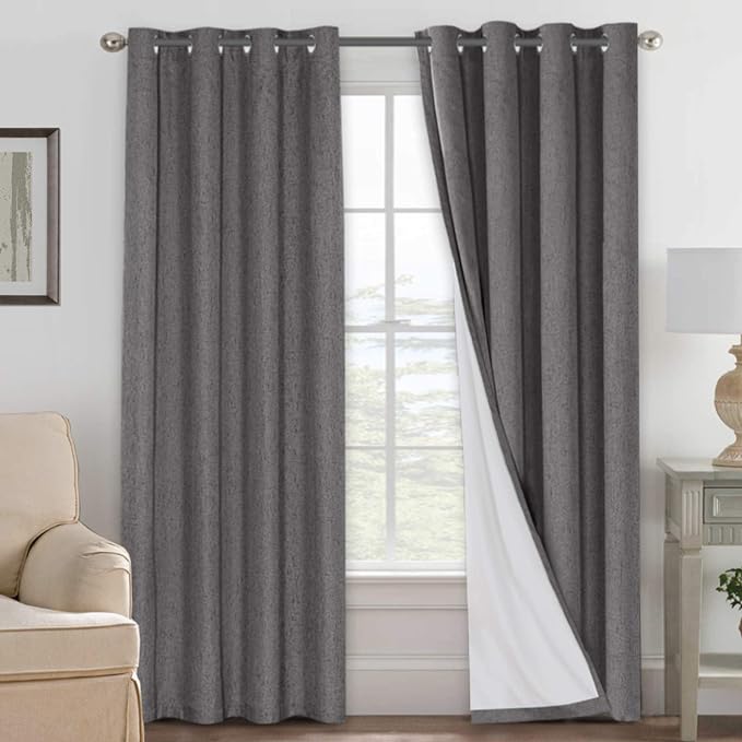 H.VERSAILTEX Linen Blackout Curtains 108 Inches Long 100% Absolutely Blackout Thermal Insulated Textured Linen Look Curtain Draperies Anti-Rust Grommet, Energy Saving with White Liner, 2 Panels, Grey