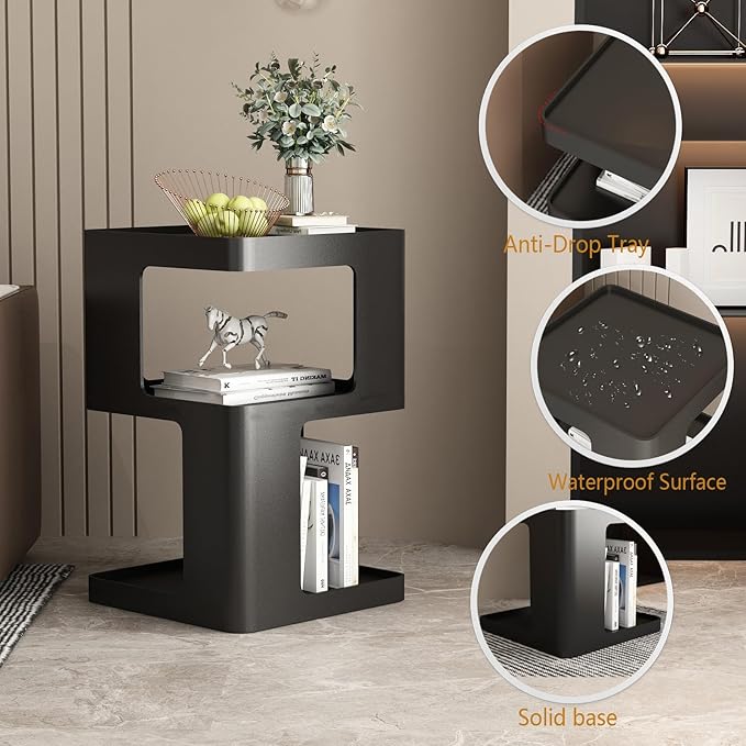 Black Side Table, Modern Nightstand Metal End Table for Living Room Bedroom,Square Bedside Table-3 Tier Storage,Not Assemble Required