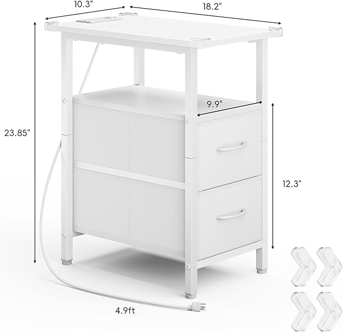 Vagusicc White End Table with Charging Station, Narrow Side Table, 23.8'' Tall Nightstand with 2 Fabric Drawers, Small Sofa Side Table Narrow Nightstand for Small Spaces, Living Room, Bedroom, White