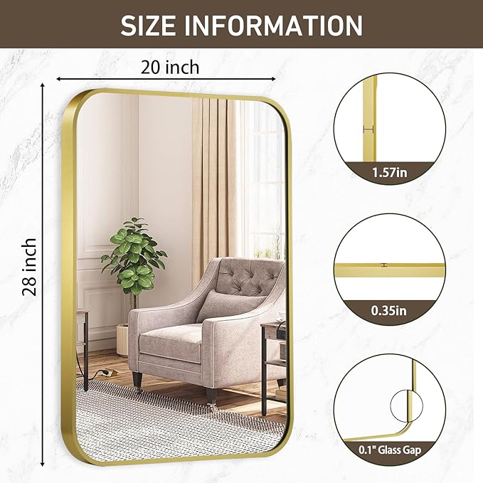 Matte Gold Mirror, 20x28 Inch Brushed Gold Mirror, Aluminum Alloy Framed Vanity Mirror, Rounded Rectangle Bathroom Mirror for Over Sink, Anti-Rust Wall Mirror (Horizontally or Vertically)