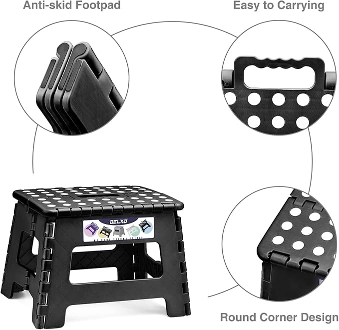 Delxo 9 Inch Folding Step Stool, Black Step Stools Foldable,Portable Collapsible Step Stool with Handle, Folding Stool for Kitchen Bathroom,Bedroom,Garden