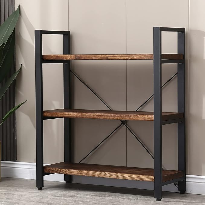 Natural Real Solid Wood Bookcase,3 Tier Metal and Wood Open Book Shelf Storage Farmhouse Wide Etagere Bookcase for Office Living Bedroom