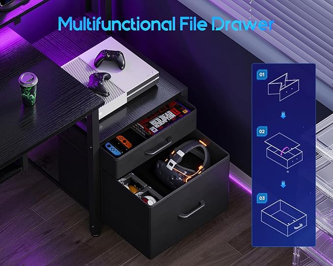 AODK Computer Desk with Drawers and Keyboard Tray, 48" Office Desk with Power Outlet and LED Lights, Reversible Study Work Desk with Printer Shelf and PC Stand for Home Office, Black
