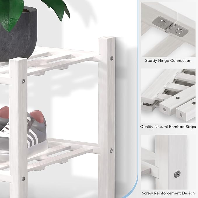 Haddockway 4 Tier Bamboo Shoe Rack Storage Organizer, Multifunctional Free Standing Stackable Shoe Shelf with Grid Panel for Closet,Hallway,Entryway,Small Space 27"x11"x26" (White, 4 Tier)