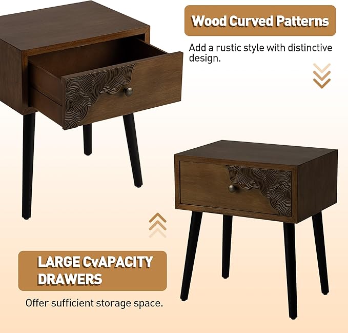 COSIEST Nightstand with Storage Drawer, Mid Century Modern Nightstand, Accent Side Table, Vintage Wood Luxury Night Stand Small Wood End Table for Bedroom, Living Room, Walnut