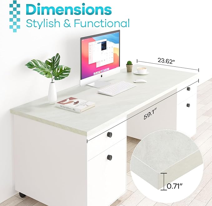 Kaboon Universal Tabletop 59.1"x23.62", Solid One-Piece Melamine Table Top, Double Desk L-Desk DIY, Home and Office Countertop, Sea Salt/White