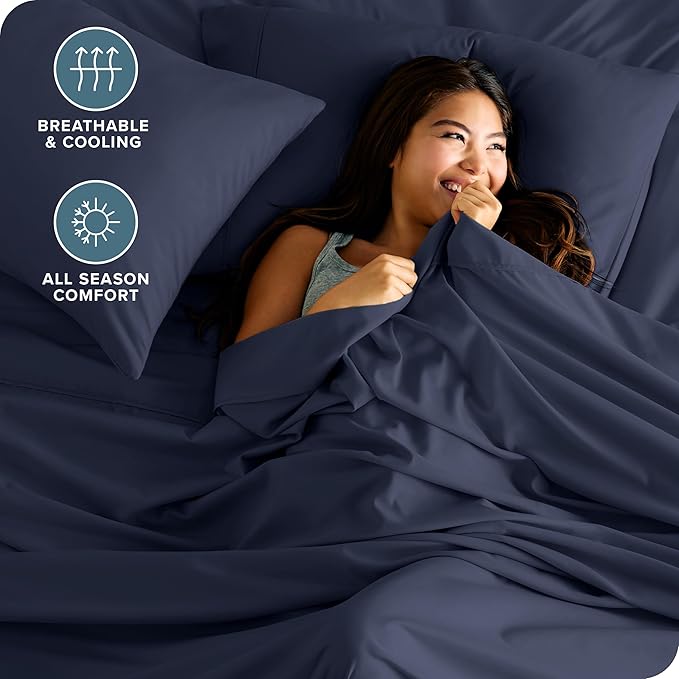 Bare Home Ultra-Soft Queen Sheet Set - Luxury 1800 - Hydro-Brushed - Deep Pockets - Easy Fit - 4 Piece Set - Bed-ding Sheets & Pillowcases (Queen, Midnight Blue)