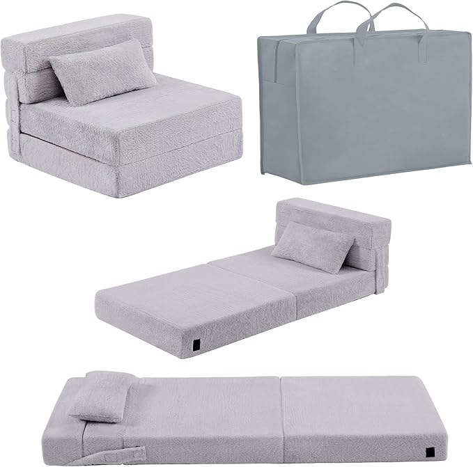 Folding Sofa Bed Floor Mattress for Kids with Pillow, Toddler Washable Folding Floor Nap Mat for Sleeping Daycare, Child Fold Up Sofa Futon Chair Bed with Storage Bag for Girls and Boys