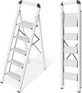 KINGRACK Aluminium 5 Step Ladder, Lightweight Step Stool with Non-Skid Pedals, Handrail, Foldable Step Ladder for Kitchen, Garage, Home, Space Saving, Sturdy and Portable, Silver
