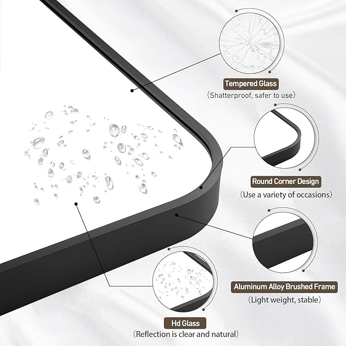 Black Bathroom Mirror, 40x30 Inch Matte Black Mirror, Aluminum Alloy Framed Vanity Mirror, Rounded Rectangle Bathroom Mirror for Over Sink, Anti-Rust Wall Mirror (Horizontally or Vertically)