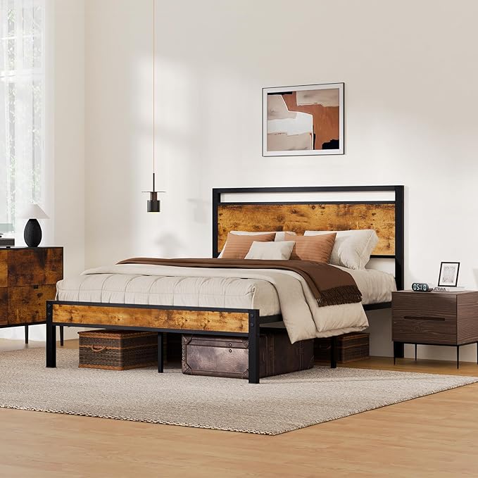 Z-hom Queen Bed Frame with Modern Wood Headboard & Footboard, Upgraded Heavy Duty Metal Sturdy Bed Frame Queen Size, Stable Platform Bed Furniture Bed Storage, No Noise, No Box Springs, Vintage Brown