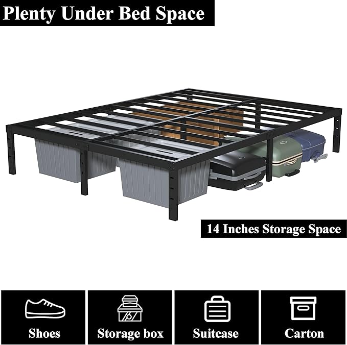 16 Inch King Bed Frame Heavy Duty Metal Platform King Size Bed Frames with 14 Inch Storage, Easy Assembly 3,500 lbs Steel Slats Support Mattress Foundation, Black