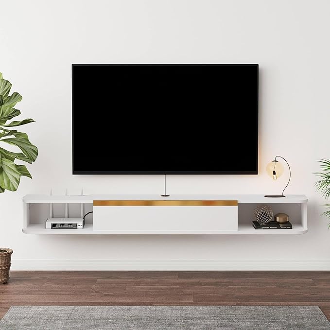 Floating TV Stand, 79'' Wall Mounted Entertainment Center TV Media Console, Floating Shelves with Door, Floating TV Cabinet Large Storage TV Bench for Living Room (White, 78.74IN)