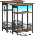 HOOBRO Narrow Side Table with Charging Station and LED Light, Set of 2, Small End Table with Storage, Skinny Nightstand Slim Bedside Table for Small Spaces, Living Room, Rustic Brown BF242UDBZP201
