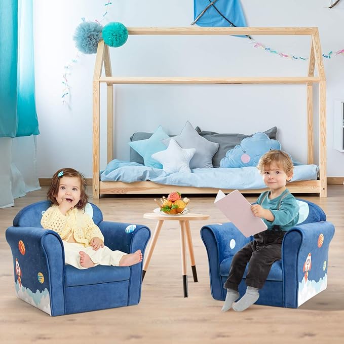 Costzon Kids Couch, Children's Sofa Armrest Chair with Pattern, Toddler Furniture w/Sturdy Wood Construction, Preschool, Lightweight Children Couch Sofa Chair for Aged 1-5 Boys & Girls Gifts, Spaceman