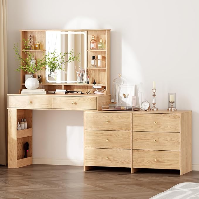 Makeup Vanity Desk with Mirror and Lights, Vanity Desk with 8 Drawers & Storage Shelves, Vanity Table with Power Outlet, 3 Color Modes & Adjustable Brightness Dressing Table, Bedroom,Oak2
