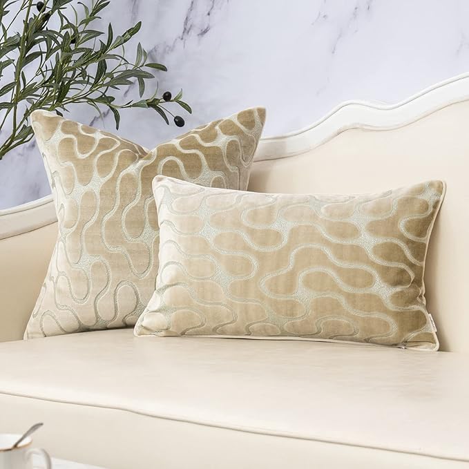 Yangest Beige Throw Pillow Cover Wavy Cushion Cover Modern Zippered Rectangular Pillowcase for Sofa Couch Bedroom Living Room Home, 12x20 Inch
