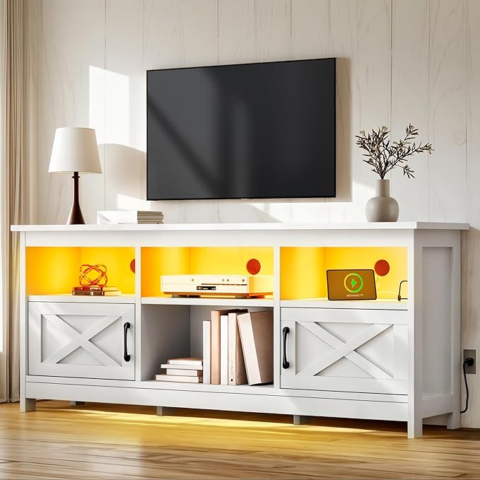 YITAHOME TV Stand for 65 Inch TVs, Entertainment Center with Storage Cabinets, Power Outlet & LED Light, Media Console Living Room Furniture, White
