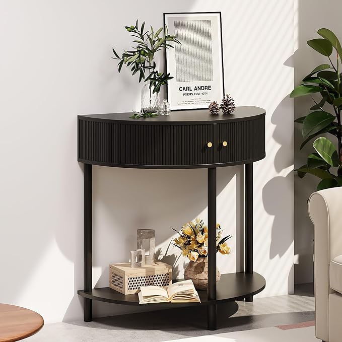 Fluted Half Moon Console Table 2 Tier Narrow Entryway Table with Storage for Small Space Modern Wood Sofa Table with Doors and Gold Knobs Boho Home Decor
