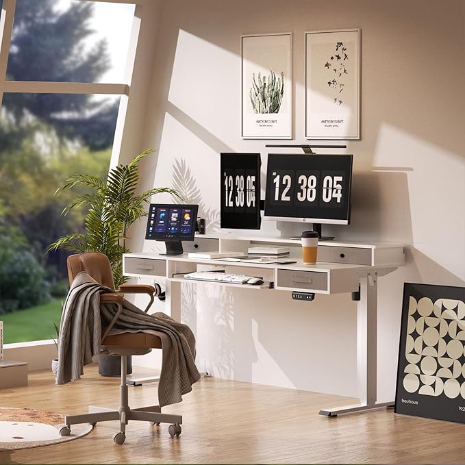 Electric Standing Desk, 55" Standing Desk Adjustable Height, Multifunctional Standing Table with 4 Drawers, Ergonomic Adjustable Standing Desk with Keyboard Tray, Snow White