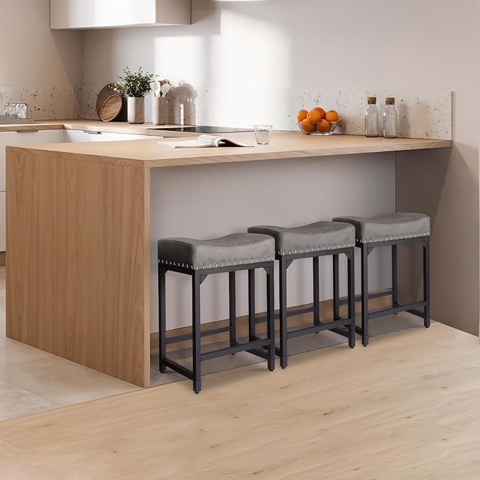Counter Height Bar Stools Set of 2, Bar Stools for Kitchen Counter, 24 Inch Counter Stools Saddle Barstools with Metal Base for Pub, Bar, Kitchen Dining Room(Grey)