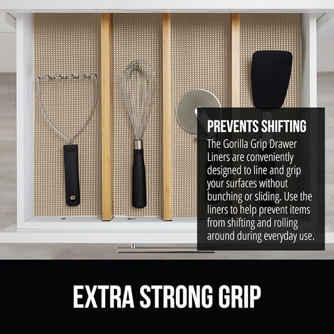 GORILLA GRIP powerGRIP Drawer Shelf and Cabinet Liner, Thick Strong Hold, Non-Adhesive Liners Protect Kitchen Cabinets and Cupboard, Bathroom Drawers, Easy Install, Breathable Mat, 20" x10', Beige