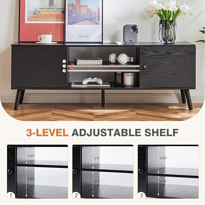 Sweetcrispy TV Stand for 55 60 inch TV, Modern Mid Century Entertainment Center with Storage, Media Console Table 2 Cabinet, Soft Hinge, Handle Door, Wooden Living Room, Office Furniture, Pure Black