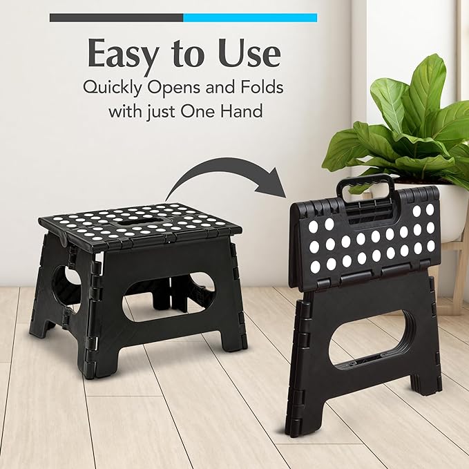 Handy Laundry Folding Step Stool - Sturdy Enough Collapsible Stool to Support Adults and Safe Enough for Kids - Opens Easy with One Flip - Great for Kitchen, Bathroom or Bedroom (Black - 9 Inch)