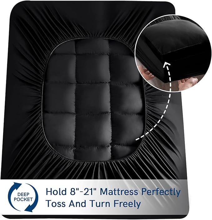 ELEMUSE Full Black Mattress Topper for Back Pain, Extra Thick Mattress Pad Cover, Plush Soft Pillowtop with Elastic Deep Pocket, Overfilled Down Alternative Filling