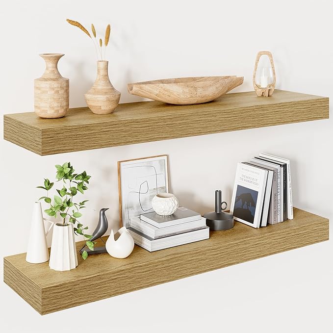 Heimlove 32 Inch Floating Shelves for Wall,Oak 9.3" Deep Floating Shelf Set of 2,Wall Mounted Shelves for Bathroom Bedroom Living Room Kitchen Office,Shelf for Books Storage Room,Home Decor