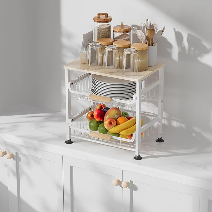 3-layer Kitchen Fruit Storage Basket Snack Rack, Countertop & Desktop Pull-out Metal Basket with Handle, Organizers