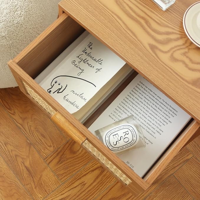 AWASEN Mid Century Nightstand, Rattan Side Table with Drawer, Modern Bedside Table with Storage and Solid Wood Legs for Living Room, Bedroom and Small Space (Brown)